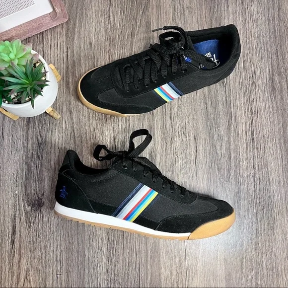 *Penguin | Black Suede  Canvas Multi Color Striped Sneakers Size 10 - Picture 12 of 16